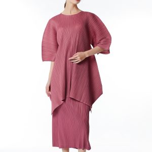 Women's Regular Round Neck 3/4 Sleeve Pleated Top Skirt