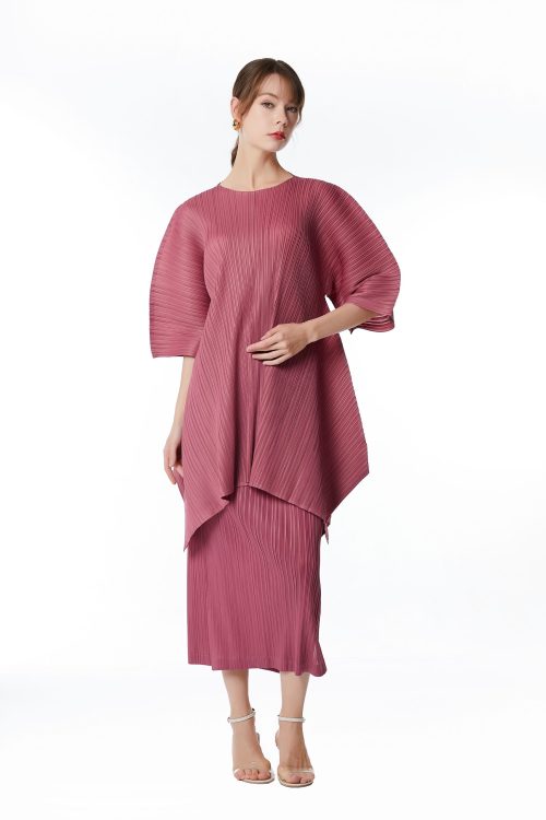 Women's Regular Round Neck 3/4 Sleeve Pleated Top Skirt