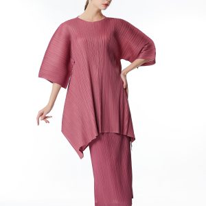 Women's Regular Round Neck 3/4 Sleeve Pleated Top Skirt