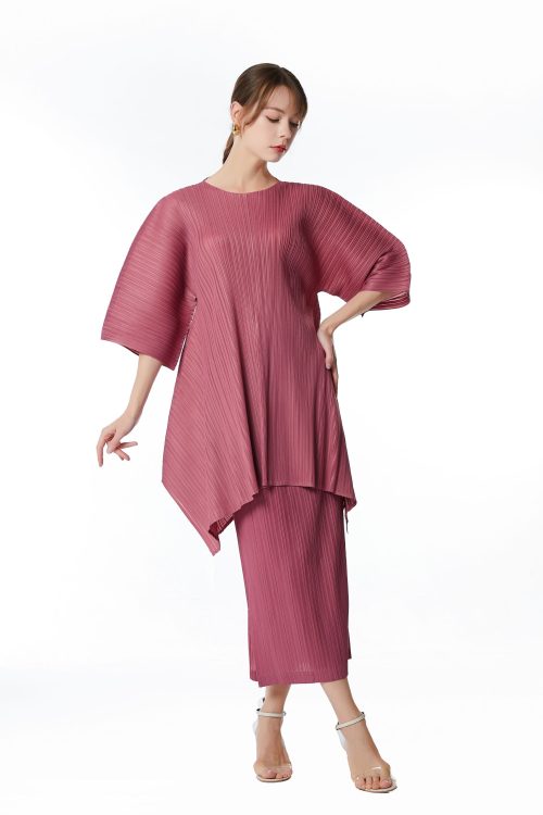 Women's Regular Round Neck 3/4 Sleeve Pleated Top Skirt