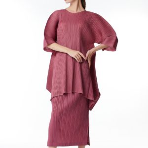 Women's Regular Round Neck 3/4 Sleeve Pleated Top Skirt