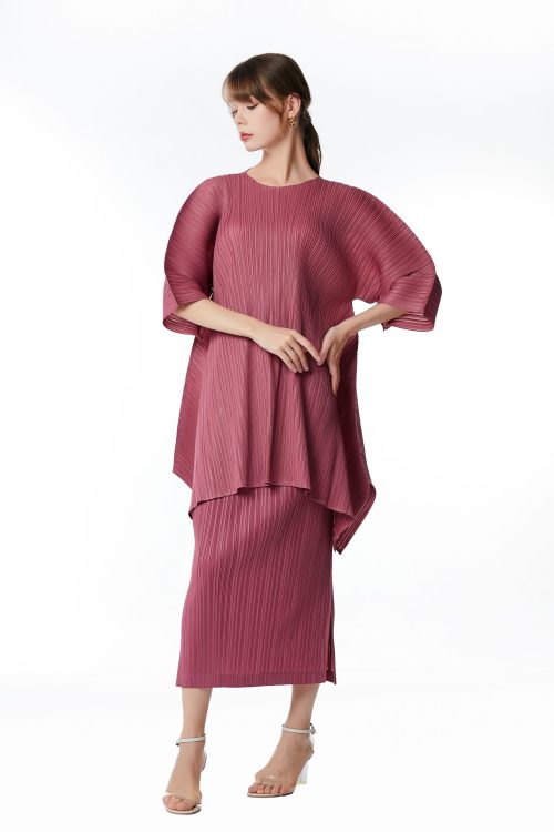 Women's Regular Round Neck 3/4 Sleeve Pleated Top Skirt