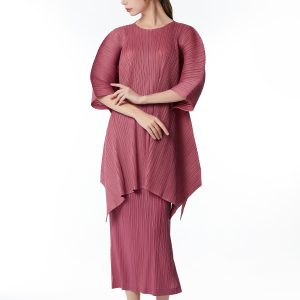 Women's Regular Round Neck 3/4 Sleeve Pleated Top Skirt