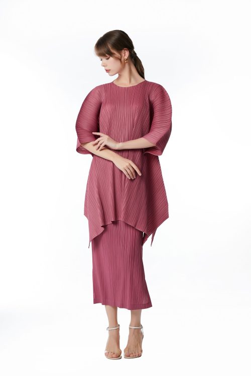 Women's Regular Round Neck 3/4 Sleeve Pleated Top Skirt