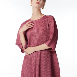 Women's Regular Round Neck 3/4 Sleeve Pleated Top Skirt