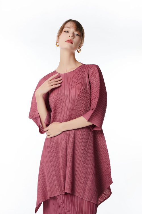 Women's Regular Round Neck 3/4 Sleeve Pleated Top Skirt