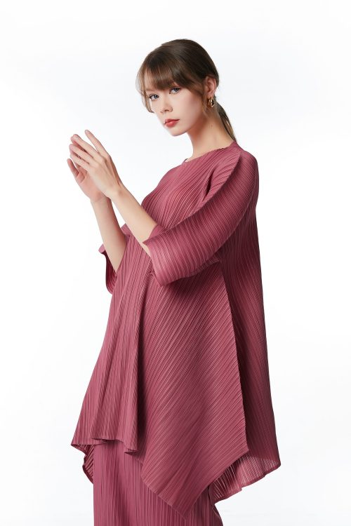 Women's Regular Round Neck 3/4 Sleeve Pleated Top Skirt